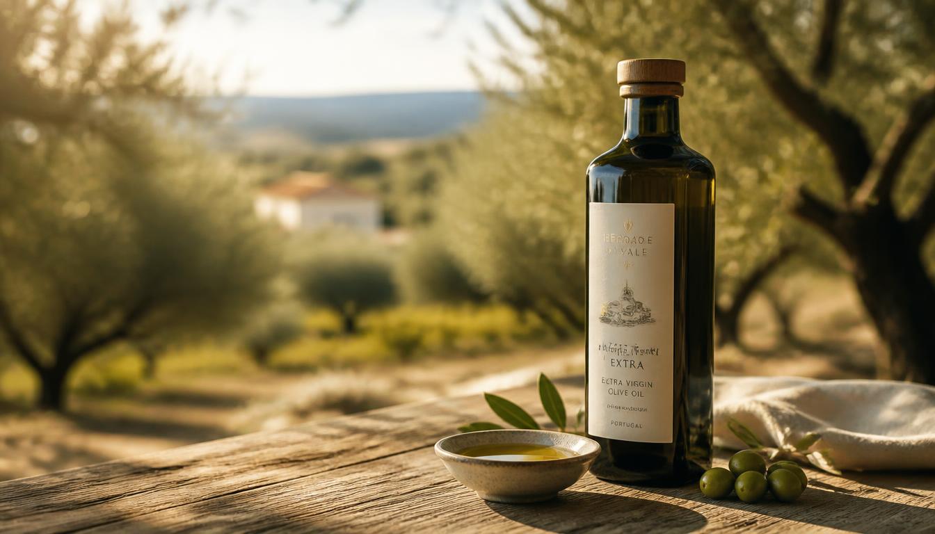 Premium Portuguese olive oil bottle in a sunlit grove